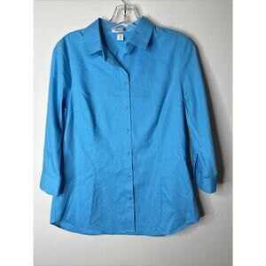 Coldwater Creek Womens Button Down Shirt XS Blue Top 3/4 Sleeve 100% Cotton